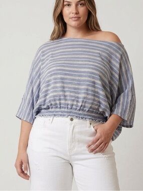 Free People Azalea Striped Dolman Sleeve Top Blue White Boho Size Large